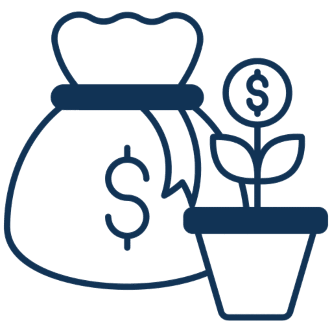 Money bag and plant with dollar symbol.