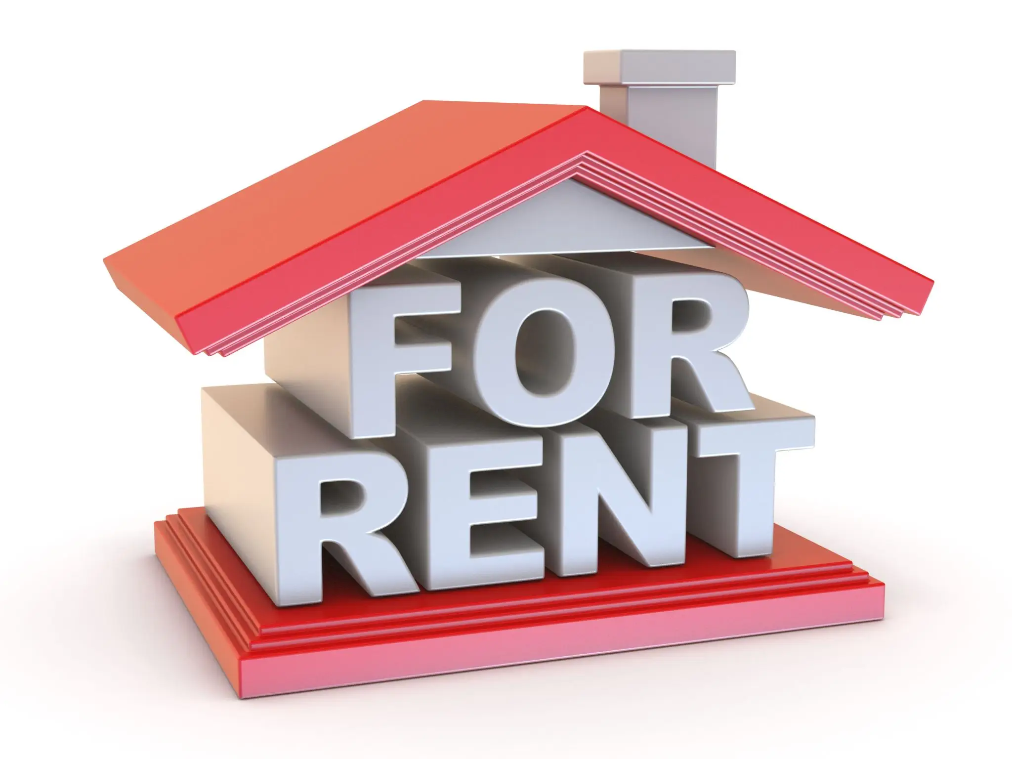 3D house model with a red roof and FOR RENT text.