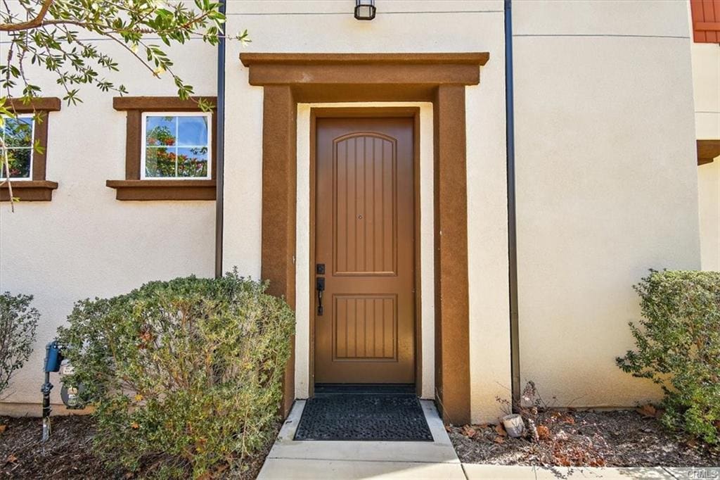 Brown wooden door with surrounding shrubs.