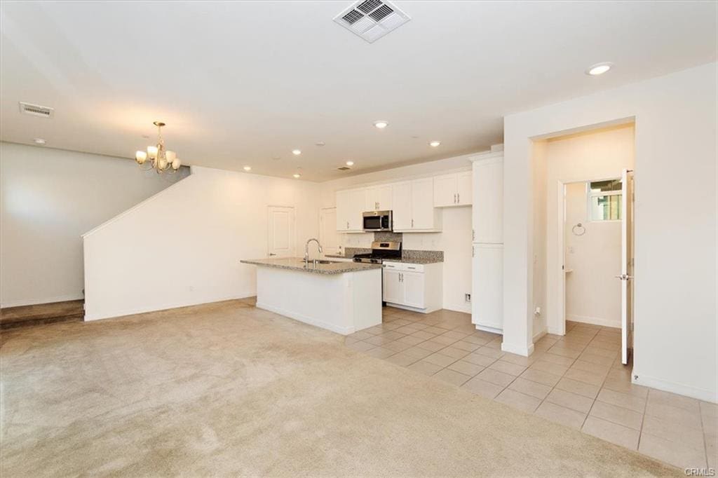 Open-concept kitchen and living room space.
